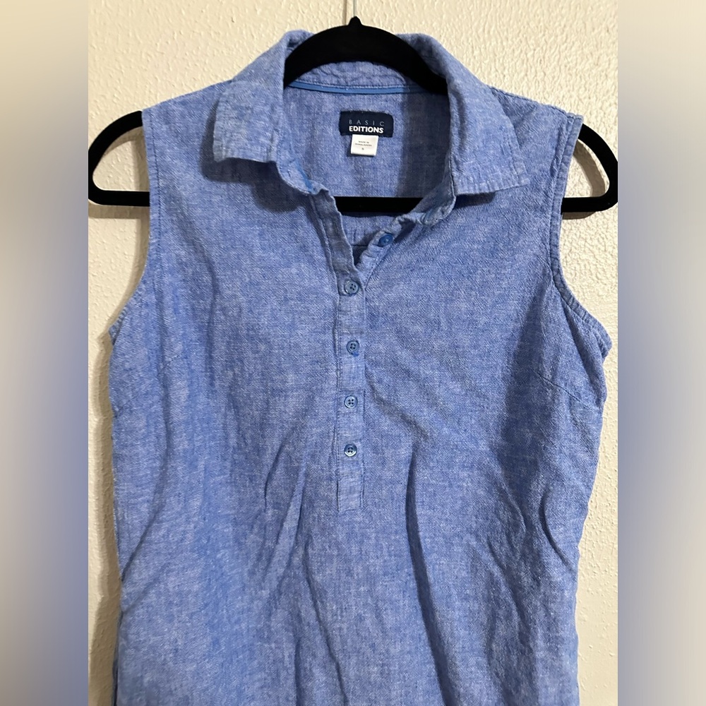 Basic Editions Sleeveless Collared Blue Linen Ble… - image 3